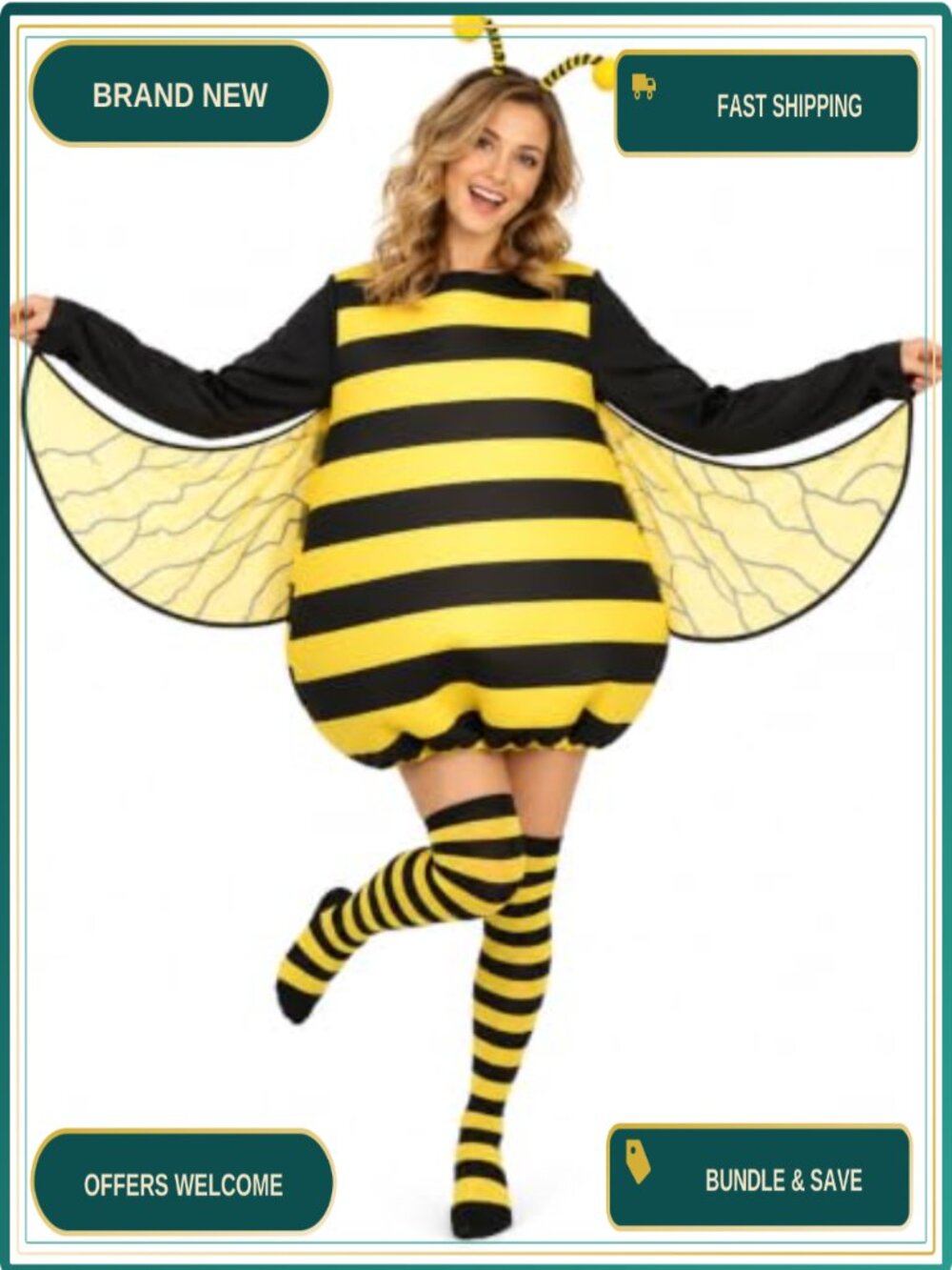 Adult Bee Costume 4-Piece Bumble Bee Outfit with Wings One Size